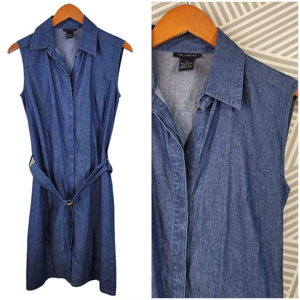 The Limited Denim Shirt Dress size 4 Blue Jean western Belt Tie Waist Chambray